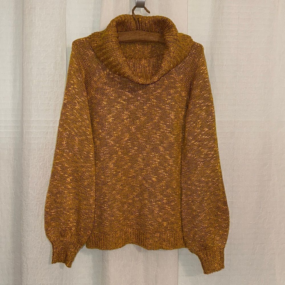WYLDE HART L Cowl Neck Heather Mustard Yellow Knit Balloon Sleeve Pullover
